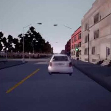 Simulated car driving down a city street, controlled by the RL agent